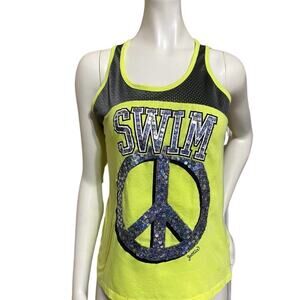 Justice Yellow/Lime Swim Sequin Peace Sign Tank Shirt Youth  Size 16